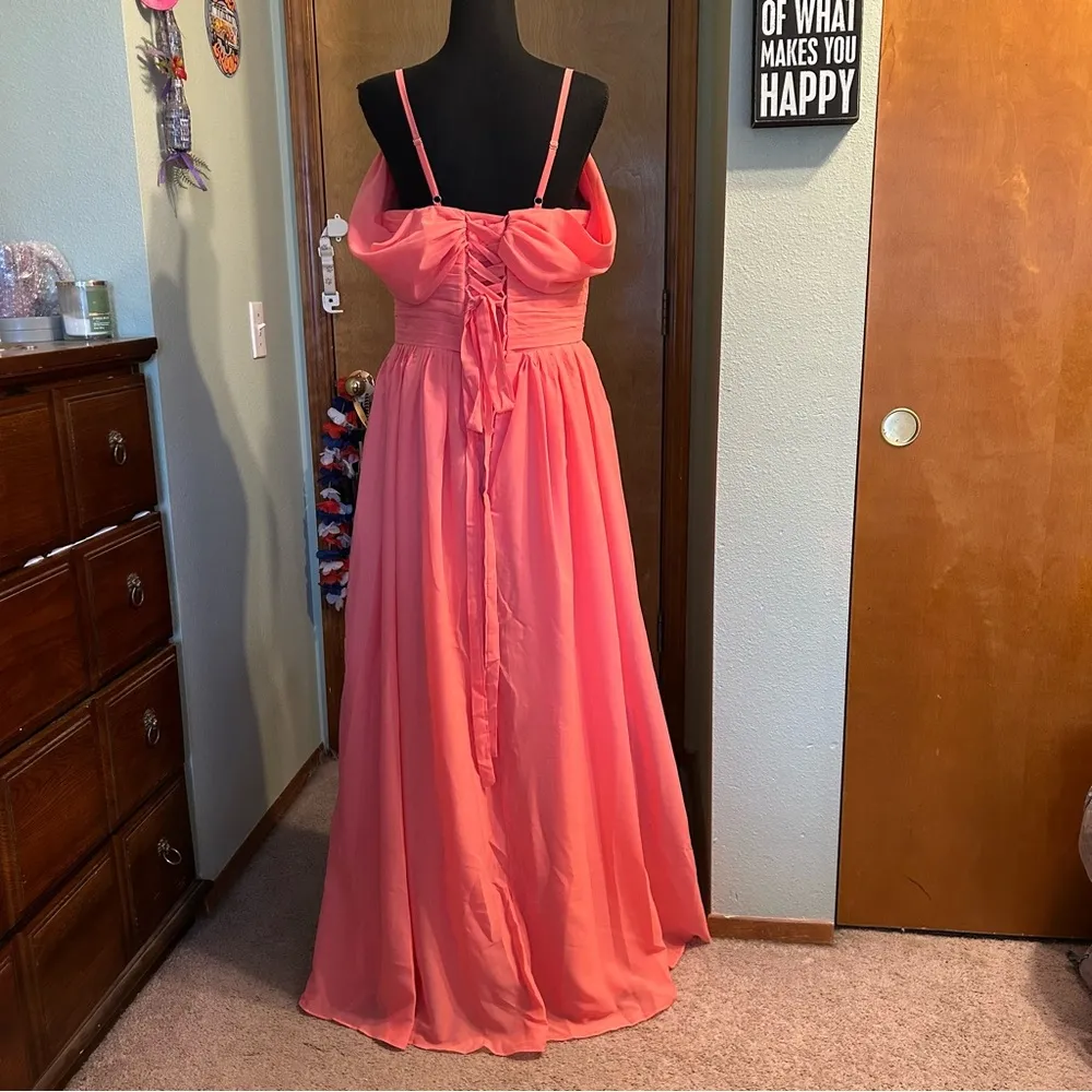 NWOT peach off shoulder prom dress spaghetti strap lace up back size L Pink Size L - Image 2