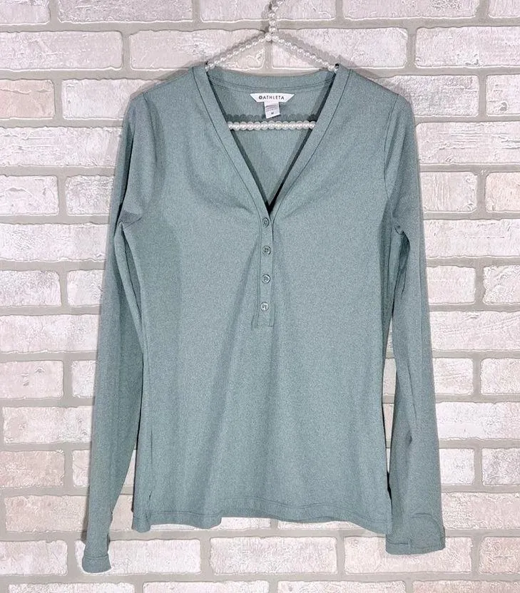 Athleta Untempo Ribbed Long Sleeve Henley Top in Minimalist Gray Size M - Image 6