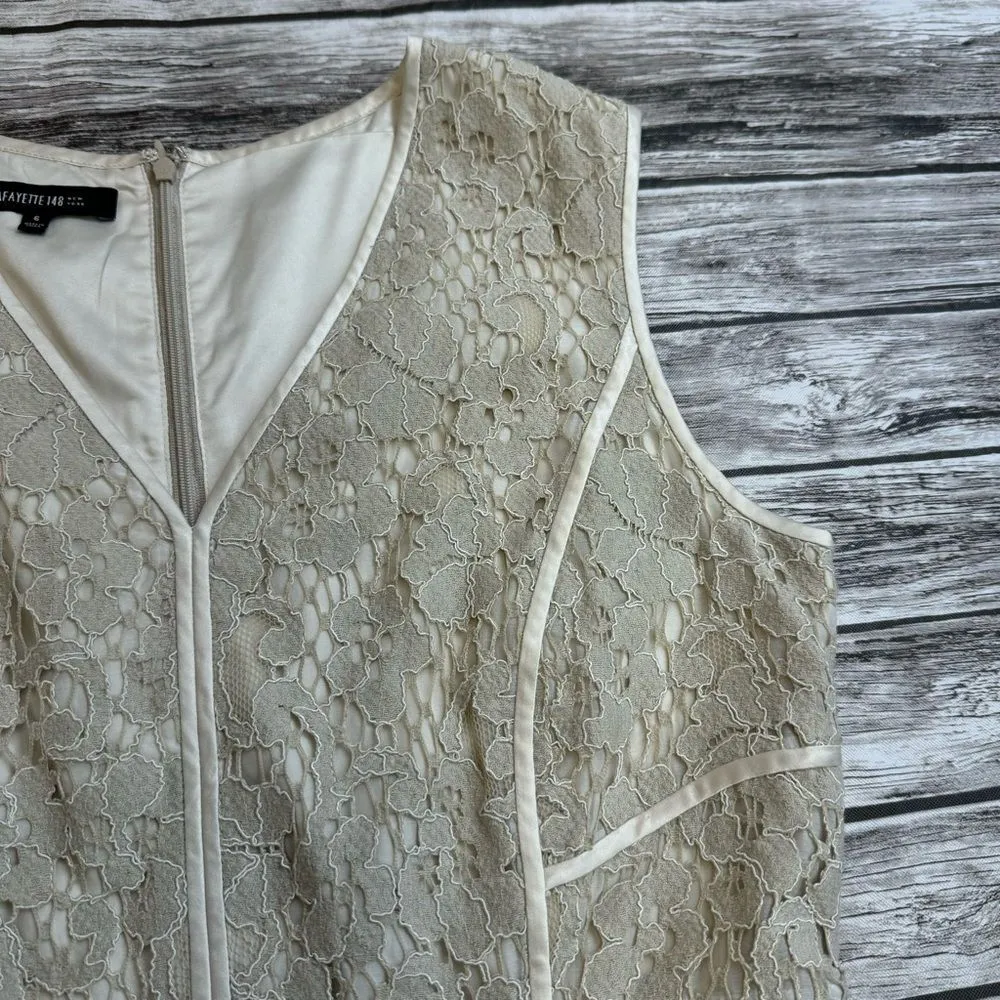Lafayette 148 New York Women's Sleeveless V Neck Lace Overlay Dress 6 Bone Cream - Image 4