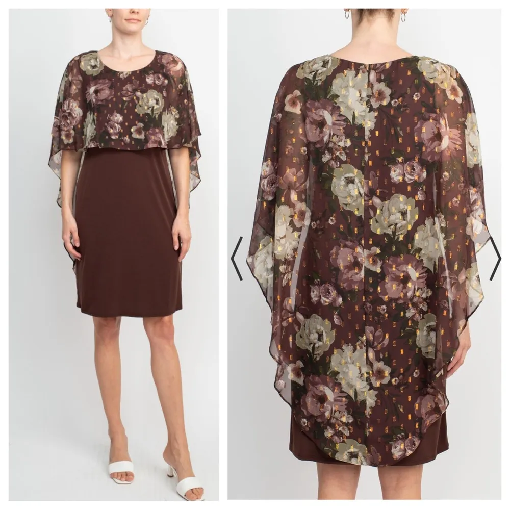 Glamour Nights Scoop Neck Floral Print Cape Short Sleeve in Coral Pink Size 16 - Image 3