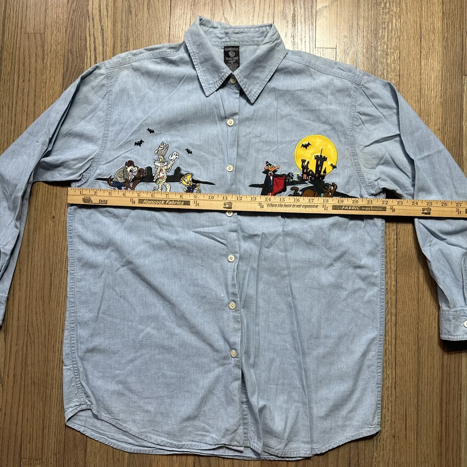 Vintage Looney Tunes Toons Women's M Button Shirt 90s HALLOWEEN ART SCOOBY Blue Size M - Image 6
