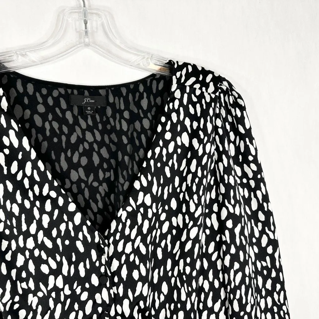 J Crew Size 6 Top Long Sleeve Crepe Satin Peplum Top Black‎ White V Neck 1376 Black - Image 4