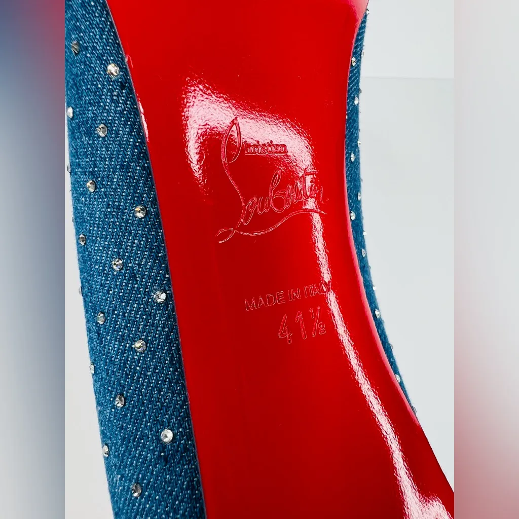 CHRISTIAN LOUBOUTIN Kate Plum Strass 85mm Crystal Blue Denim Pumps Size EU 41.5 - Image 9