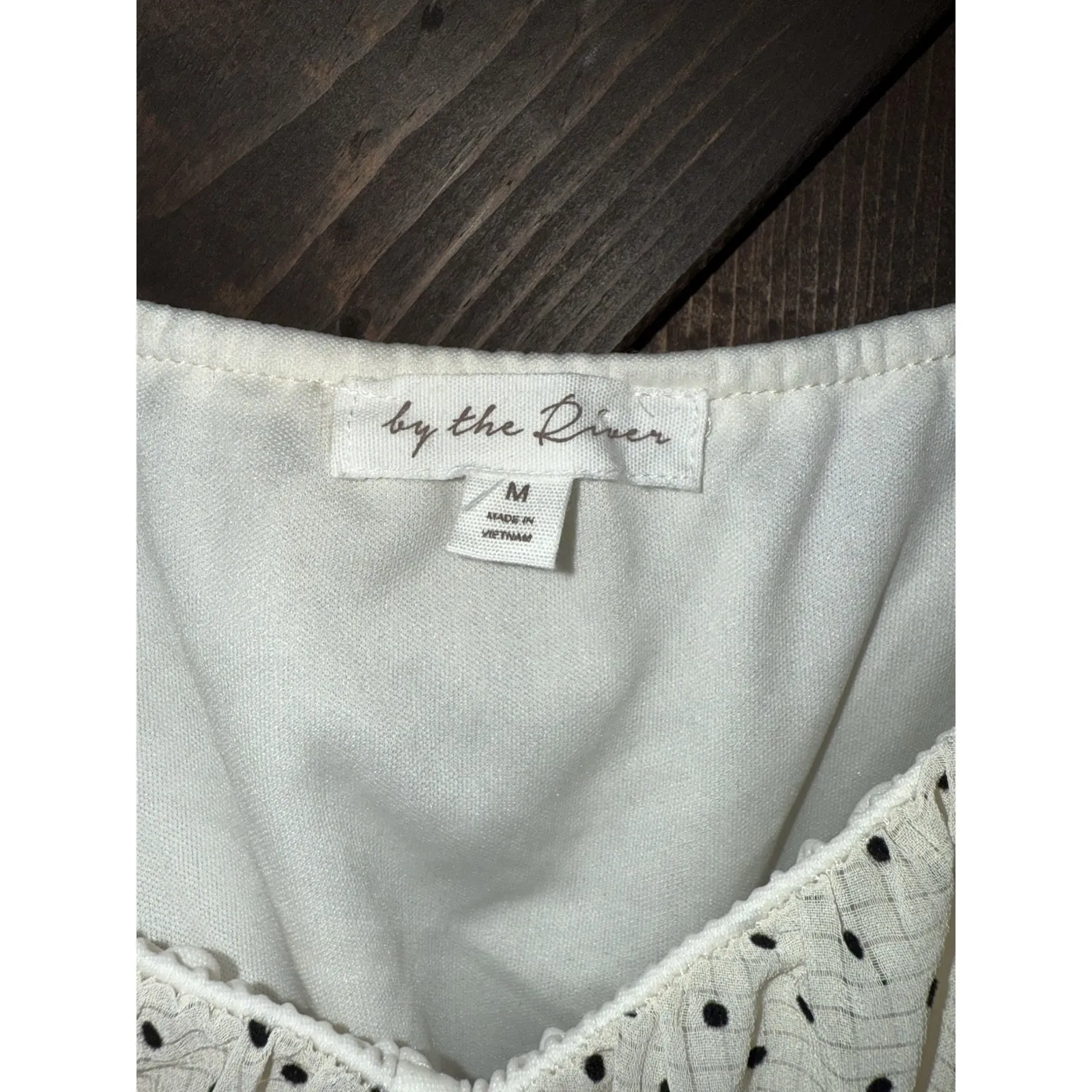 By the River Women's Peasant Dress Long Sleeve‎ Polka Dot Black Off White Size M - Image 4