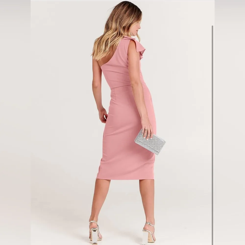 NEW 1 Shoulder Cocktail Midi Dress Sleeveless Ruffle Ruched Formal Dress L Pink Size L - Image 2