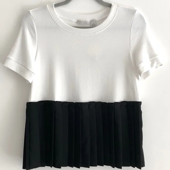 New  Pleated Peplum Knit Top Short Sleeve Color Block Hem Petite Small - Image 5