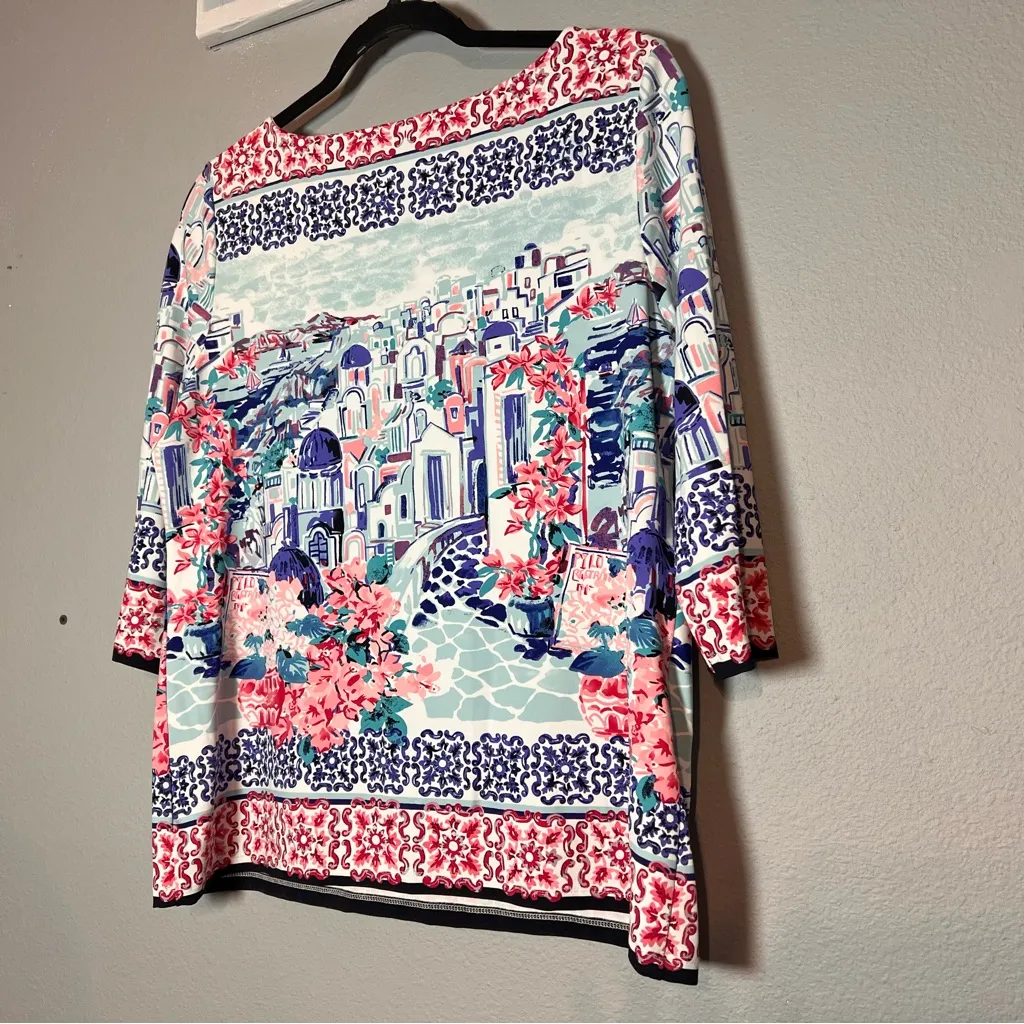 Charter Club Santorini Greece Print Shirt 3/4 Sleeve Wide Neck Size PL - Image 2