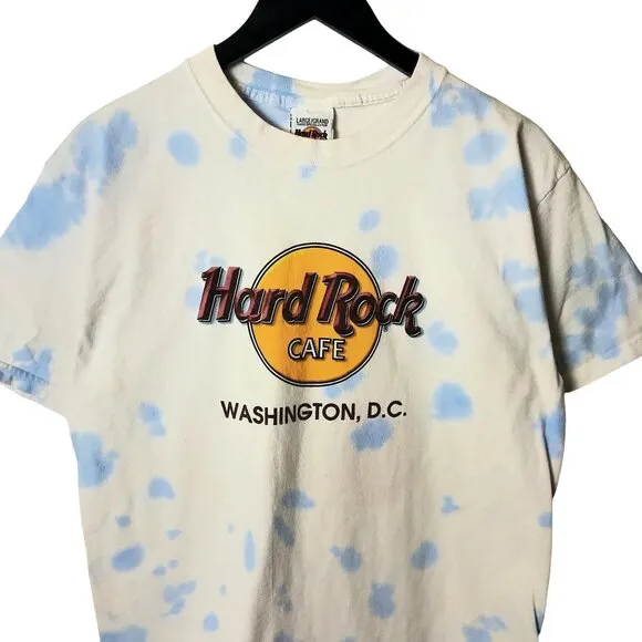 Vintage 90s Hard Rock Cafe Washington D.C. Tie Dye T Shirt Blue White Logo - Image 2