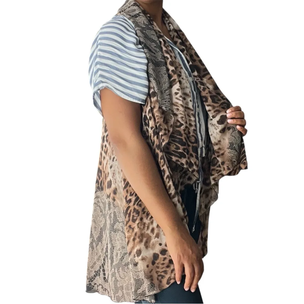 Sheer Chiffon Leopard Print Sleeveless Draped Open Front Topper Layering‎ Piece Brown Size undefined - Image 12