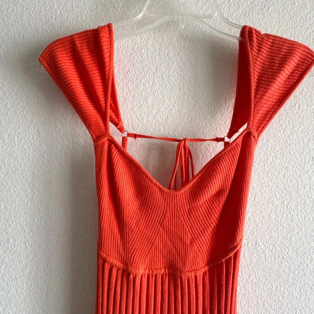 New Free People Cherie Tie Back Knit Mini Dress Size Medium Orange Red - Image 3