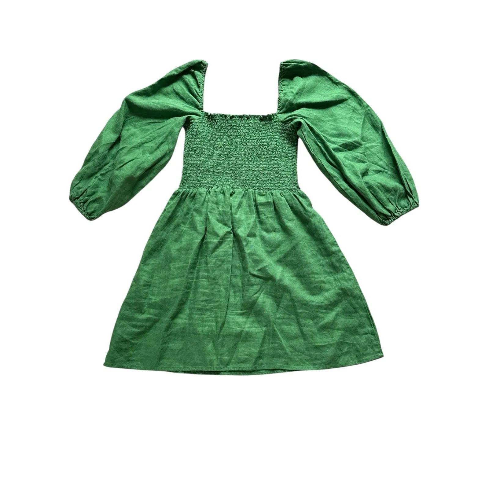 Reformation Greyson Dress Womens Large Green Smocked Linen Mini Puff Sleeves - Image 6