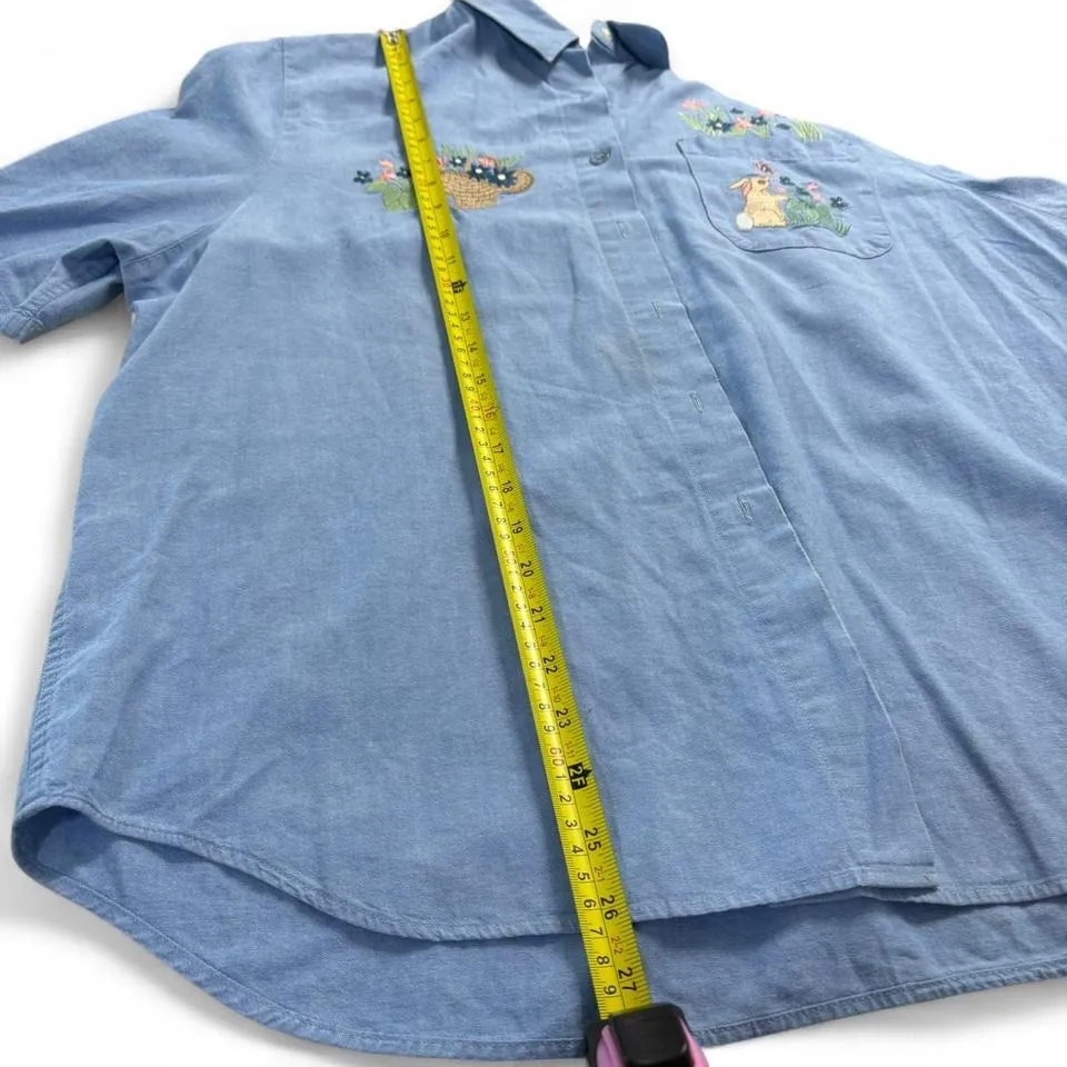 Vintage 90s Denim Blue Bunny Floral Embroidered Button Up Short Sleeve Grannycor Size L - Image 6
