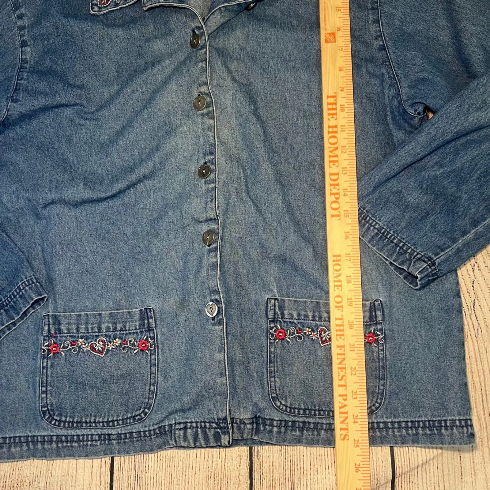 VTG 90s Teddi Denim Button Up Jacket Embroidered Collar Pockets Blue Womens XL - Image 7