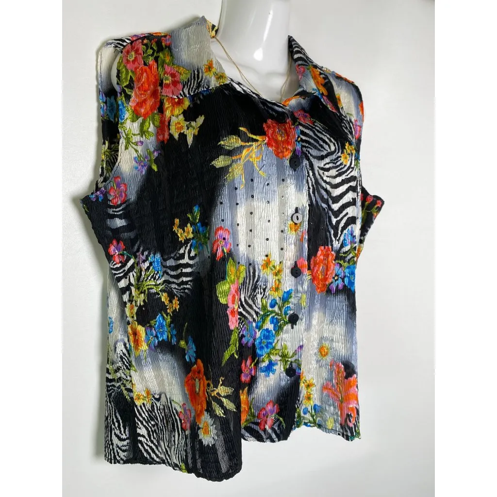 Alberto Makali Womens Zebra & Floral Print Sleeveless Blouse M - Image 3