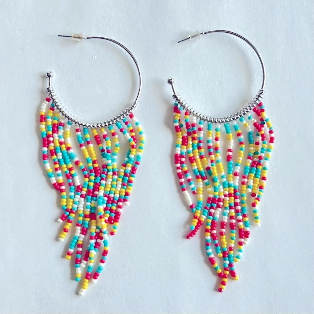 Hoops creole bohemian cascading dangly earrings, colorful beads, fashion jewelry - Image 2