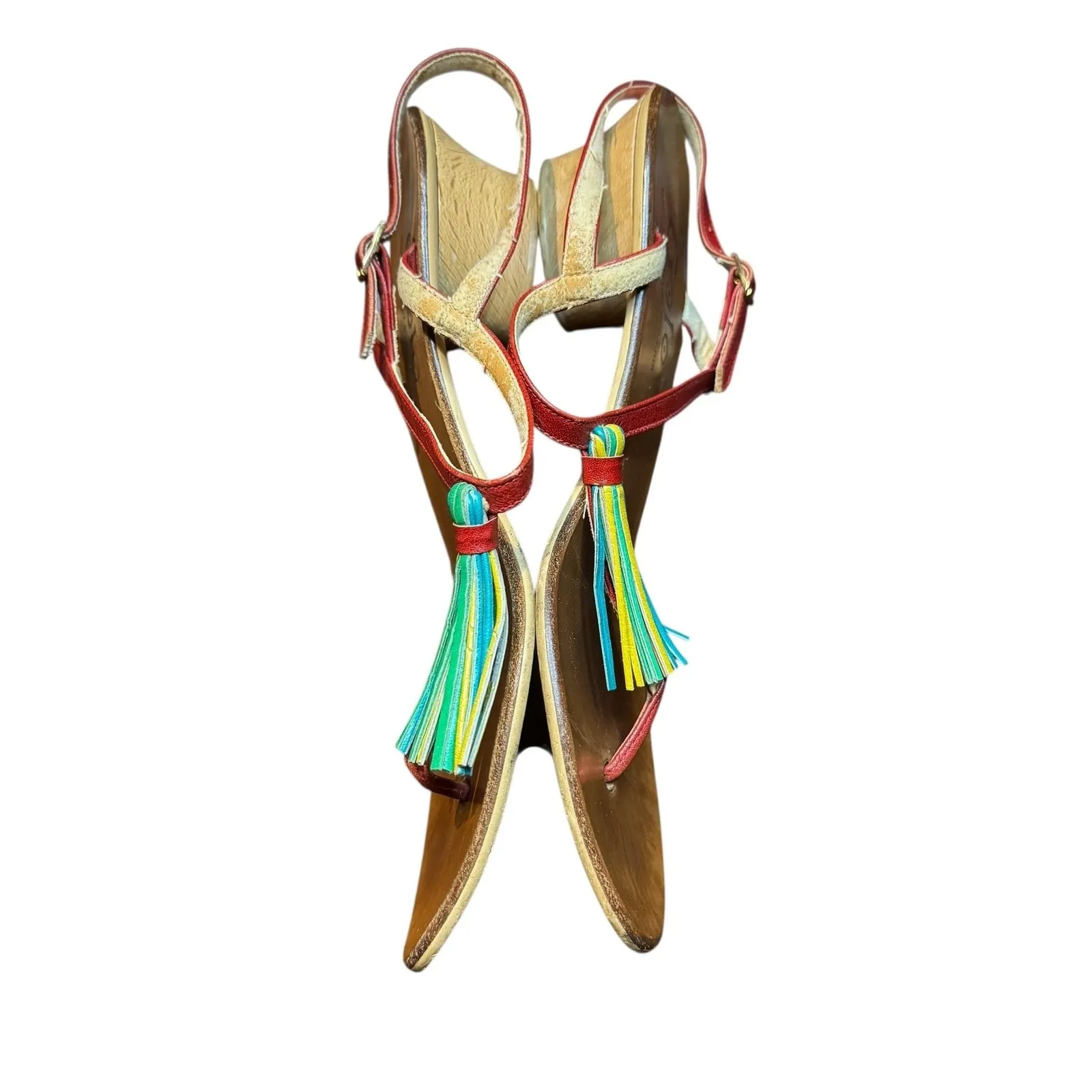 Golo Wedge Sandals Womens Size 10‎ Red Leather Tassel Ankle Strap Made in Italy - Image 5