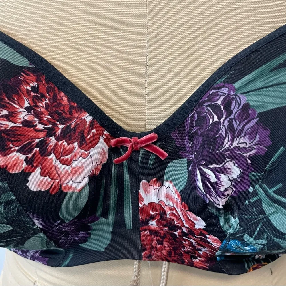 Cacique Black Floral Velvet Bow Lightly Lined Balconette Bra 40DD - Image 2