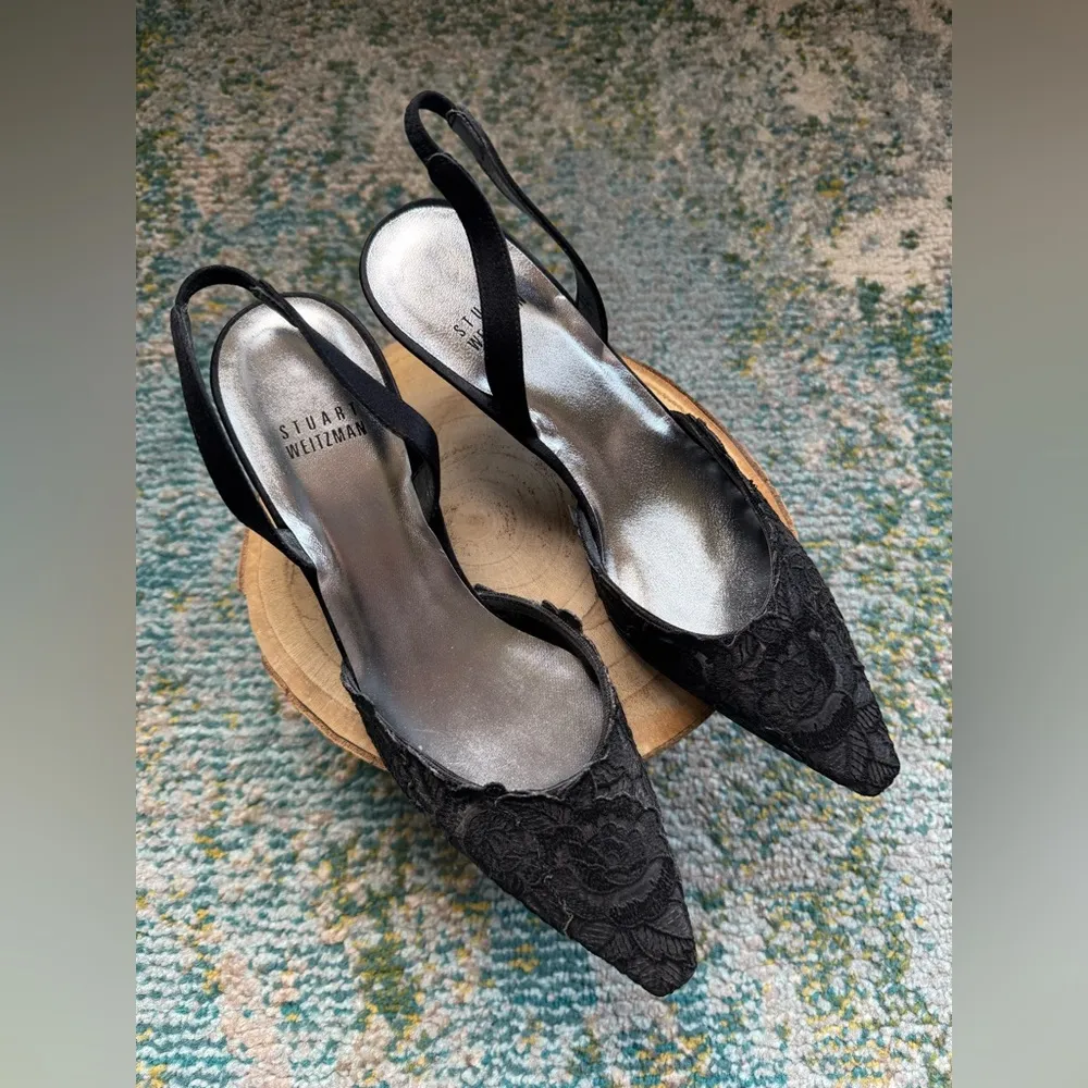 Vintage Y2K NOS Stuart Weitzman black lace slingback kitten heels, size 6.5M - Image 2