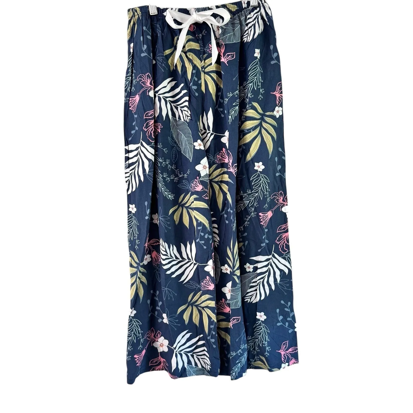 Floral Wide Leg Pants Elastic Waist Drawstring Comfy Loungewear Set 2 pc Size M Blue Size L - Image 5
