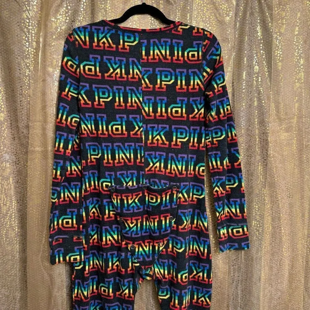 PINK Victorias Secret Rainbow Logo One Piece Pajama Romper Medium - Image 2