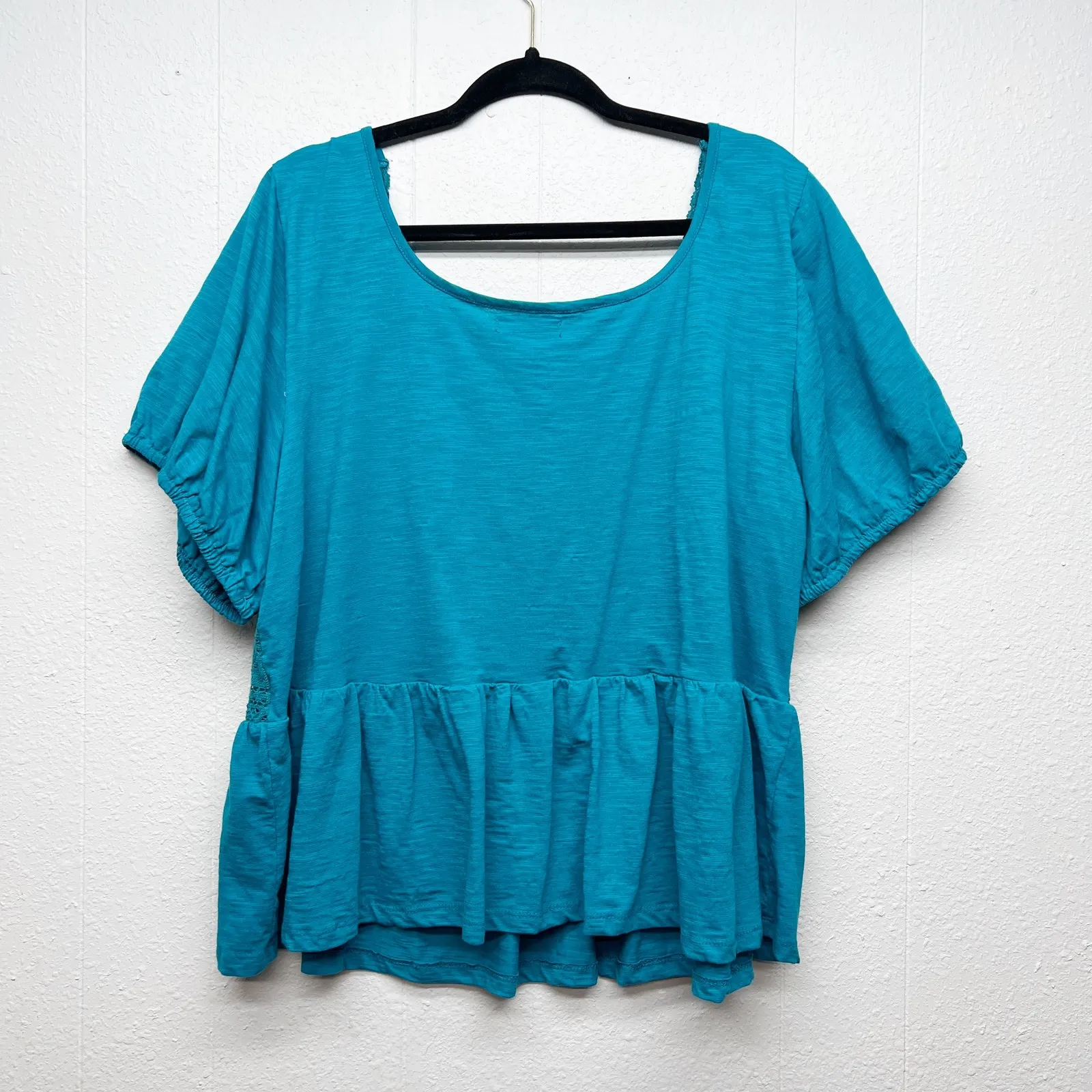 Lane Bryant Blue Ruffle Hem Top Womens 22/24 Peplum Lace Puff Sleeve Stretch - Image 5
