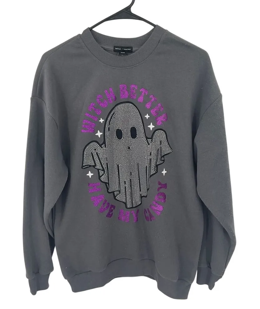 Halloween Ghost Rhinestone Sweatshirt Witch Better Have My Candy XS #1144 Gray - Image 1