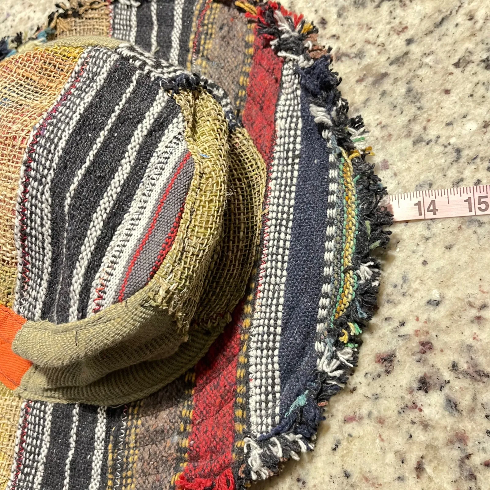 Boho Patchwork Bucket Hat Distressed Wire Fringe Edge Cotton Hemp Hat Handmade Tan - Image 4