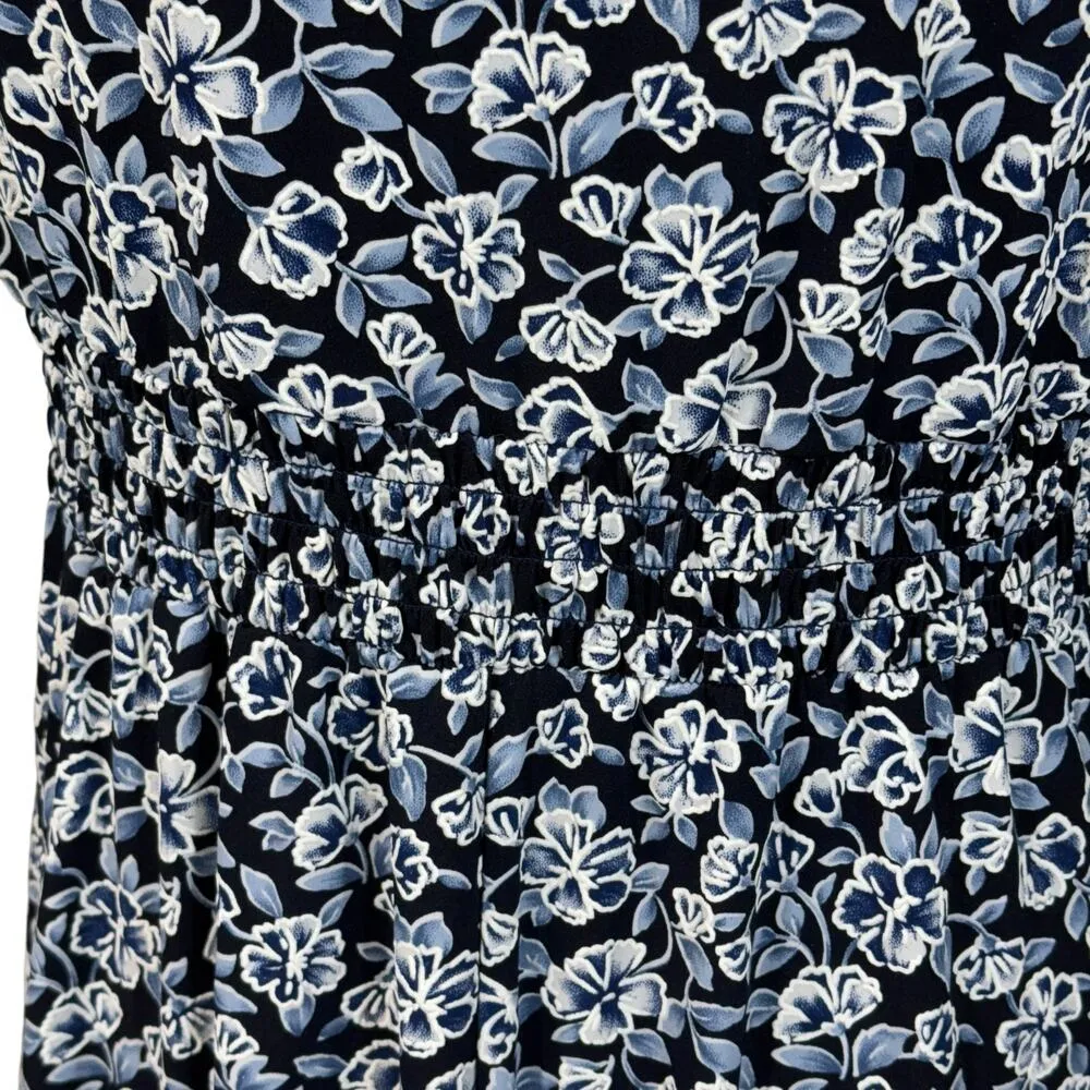 Perceptions NY SZ 8 A-Line Midi Dress Floral Cap Sleeve Empire Waist V-Neck Blue - Image 5