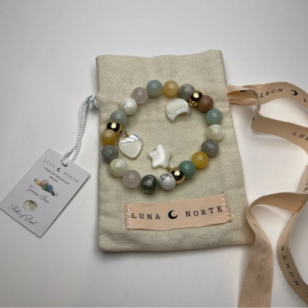 Luna Norte Genuine Stone Beaded Heart, Moon and Star Stretch Bracelet - Image 3