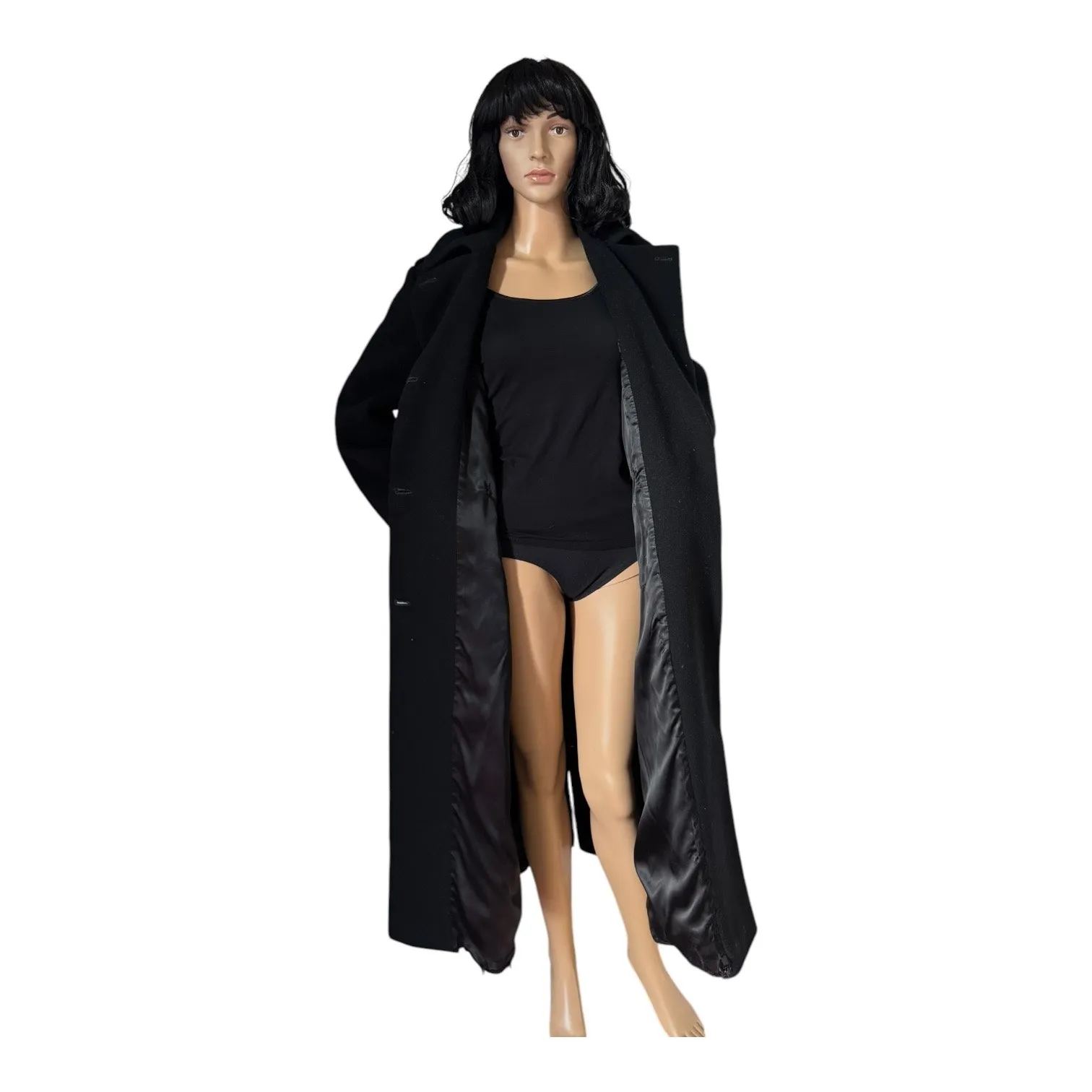 Perry Ellis Vintage Black Wool Military-Style Long Coat 1970s–1990s small - Image 11