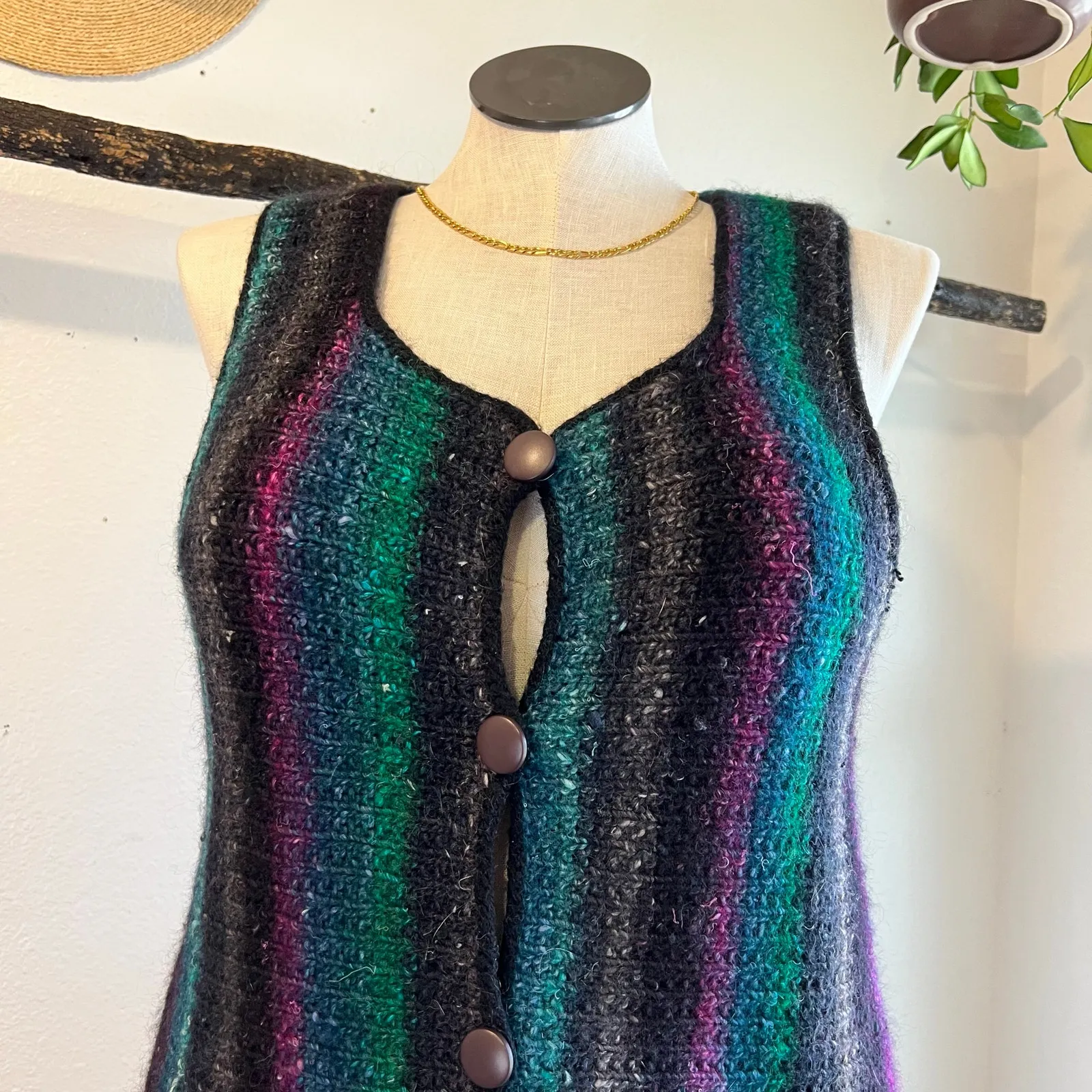 Handmade Wool Woven Rainbow Multi Colored Button Front Sweater Vest Size Large - Image 3
