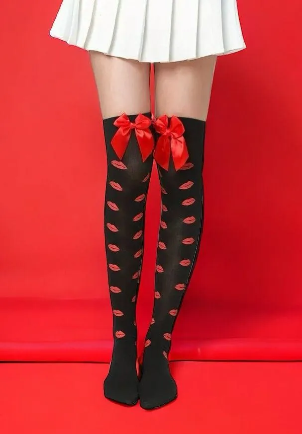 Lips Kiss Mesh Thigh High Stockings Bow Decor Valentines Day Over The Knee Socks - Image 5