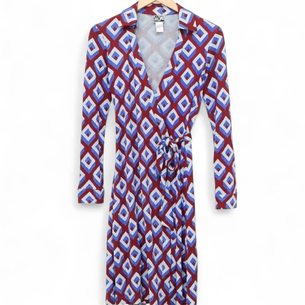 Diane Von Furstenberg NEW Jeanne Silk Red & Blue Geometric Wrap Dress Size 4 - Image 7