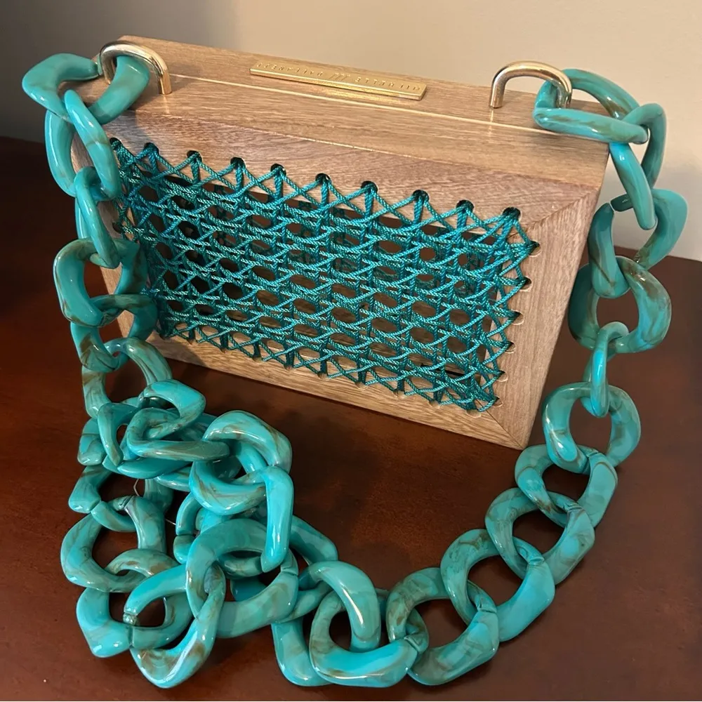 Maxi Rose Natural Acqua Wooden Mini Bag with Teal Acrylic Chain Blue - Image 3