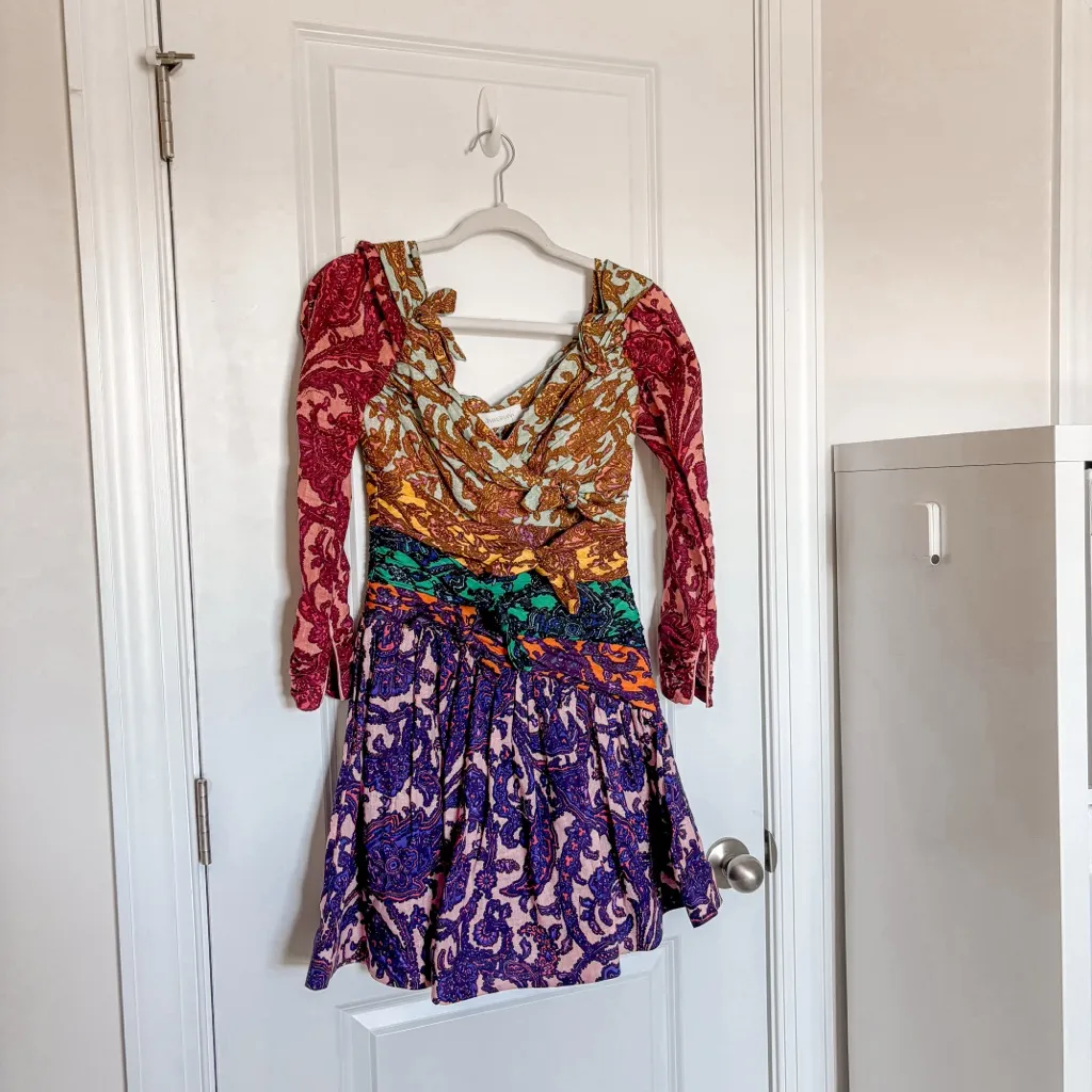 Zimmermann Tiggy Bow Cold Shoulder Paisley Mini Dress Linen - Image 5