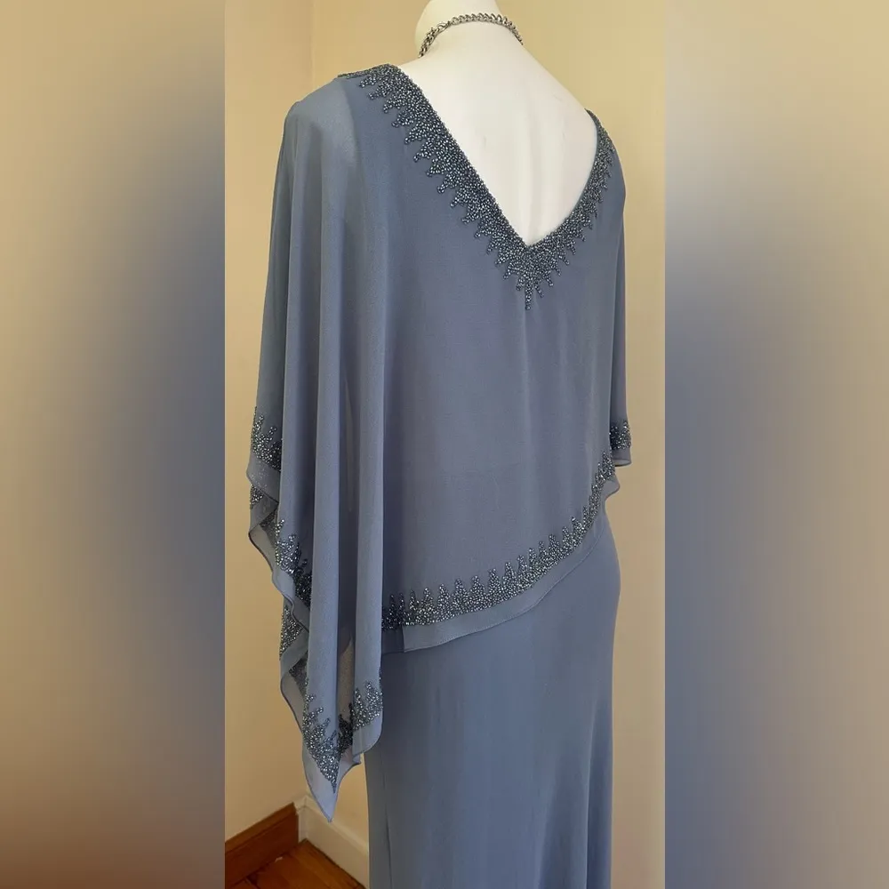 J  NWTS Overlay Asymmetrical Maxi Evening Dress Dusty Blue Sheer Bea… - Image 10