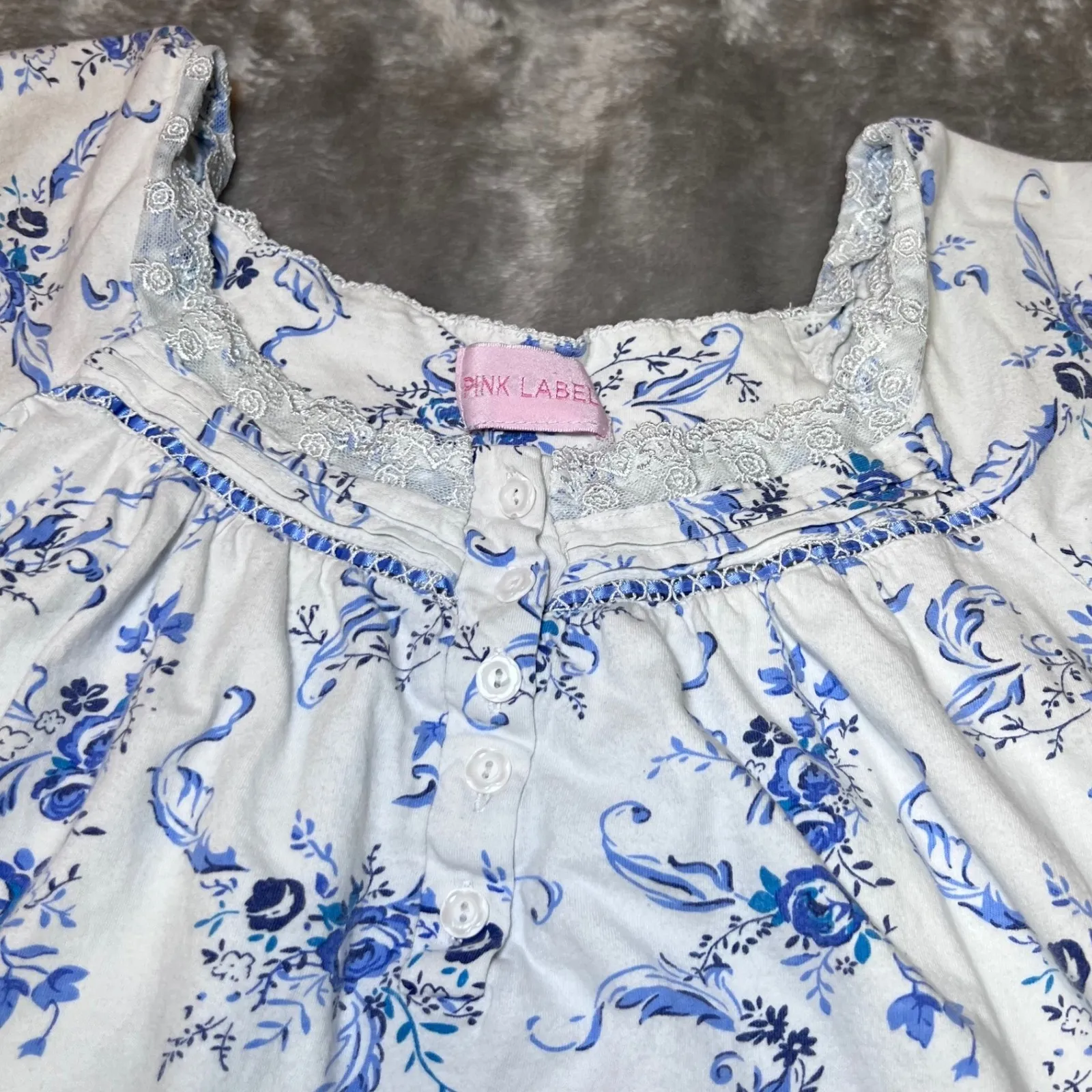 Pink Label Sleeveless Nightgown Womens XL Blue Floral Lace Trim Button Front White - Image 5