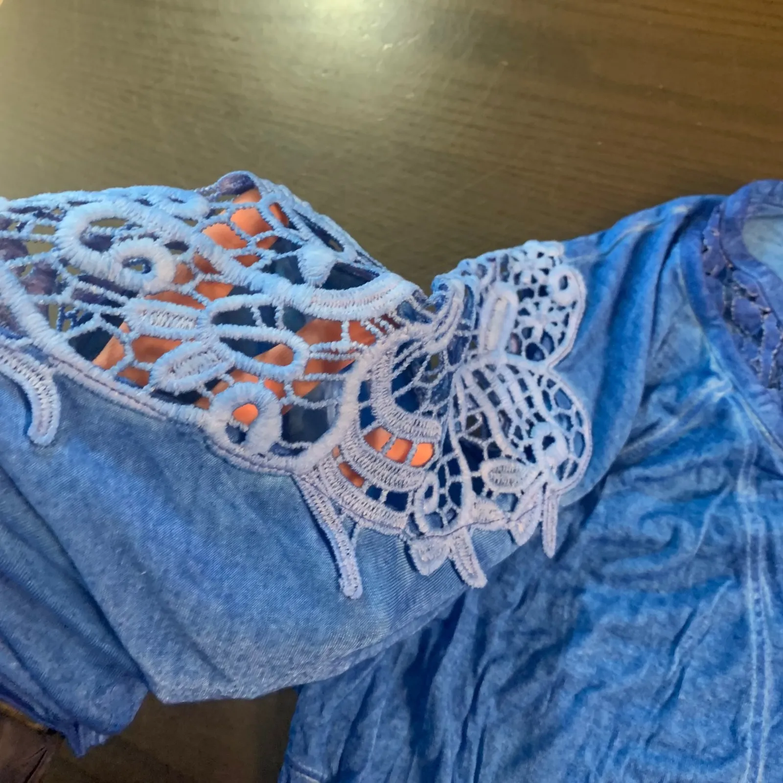 OSo Casuals Blue Lace Accent Tie Neck 3/4 Sleeve Tunic Top XL - Image 5