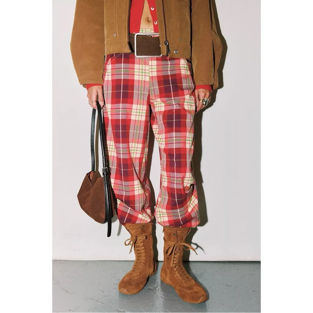 Free People XL Nice Choice Pull-On Barrel Pants in Wine Combo Lantern Plaid NWT - Image 12