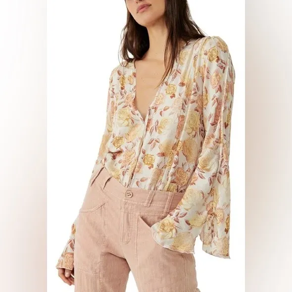 INTIMATELY FREE PEOPLE Cream Floral Print Bell Sleeve Bodysuit Bohemian Small‎ - Image 6