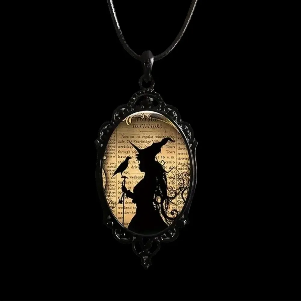 Witch And‎ Raven Cameo Black Pendant, Vintage Style Gothic Crow Glass Pendant - Image 6
