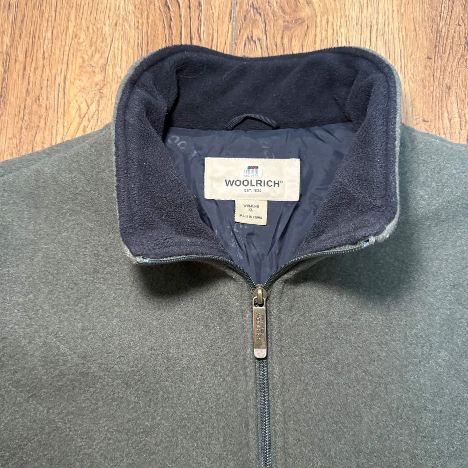 Woolrich 100% Wool Olive Green Full Zip Fleece Jacket Womens XL Zip Pockets - Image 2