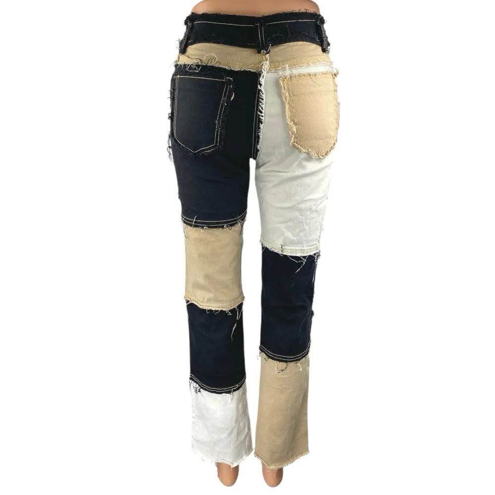 Womens Black Beige Colorblock Patchwork Frayed High Rise Straight Denim Jeans XS - Image 3