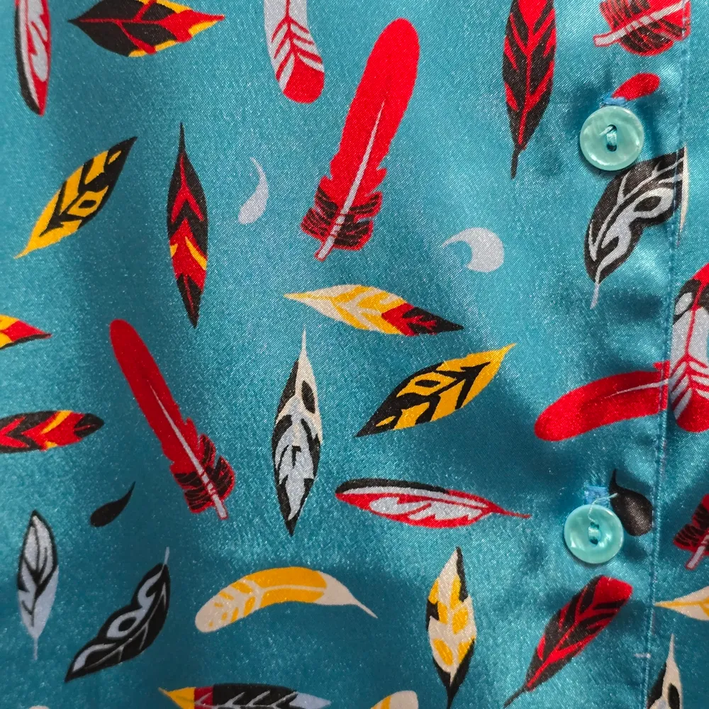 Vintage Da Rue 80s Teal Feather Print Satin Button Down Blouse - Image 3