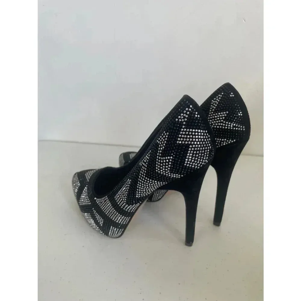 Women's Aldo Leather Chevron Black Rhinestone 6” High Heels‎ Size 8.5 EUC - Image 3