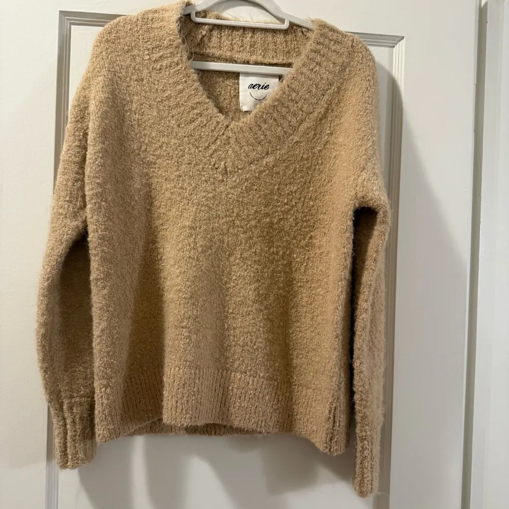 Aerie Teddy Boucle Sweater V Neck Soft Comfy in Koko Brown Size XXS NWT - Image 6