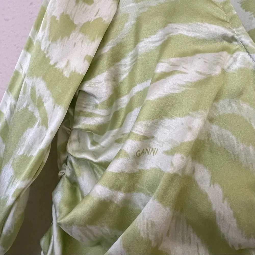 Ganni Zebra Stripe Organic Silk Stretch Ruched Blouse Green 36/S Margarita - Image 7