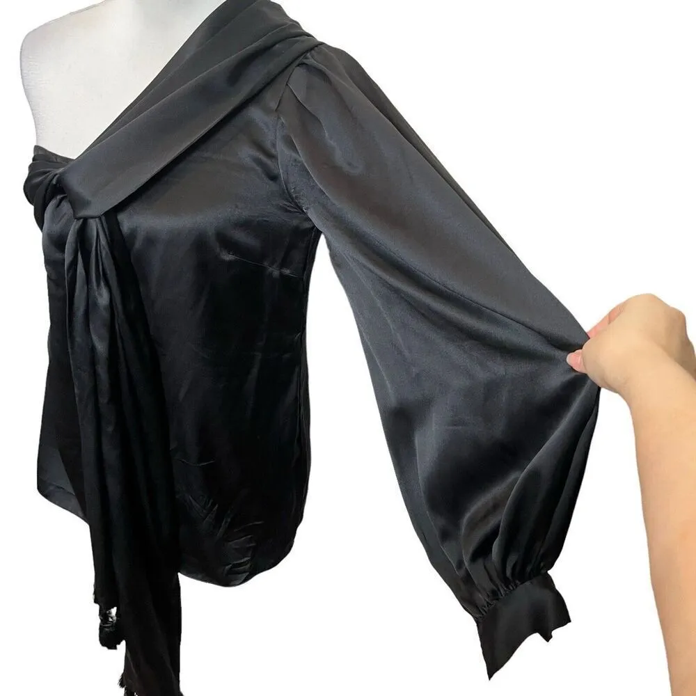 Sachin + Babi Pasa Silk One Shoulder Blouse Women’s Size 6 Black Tassel Hem - Image 6