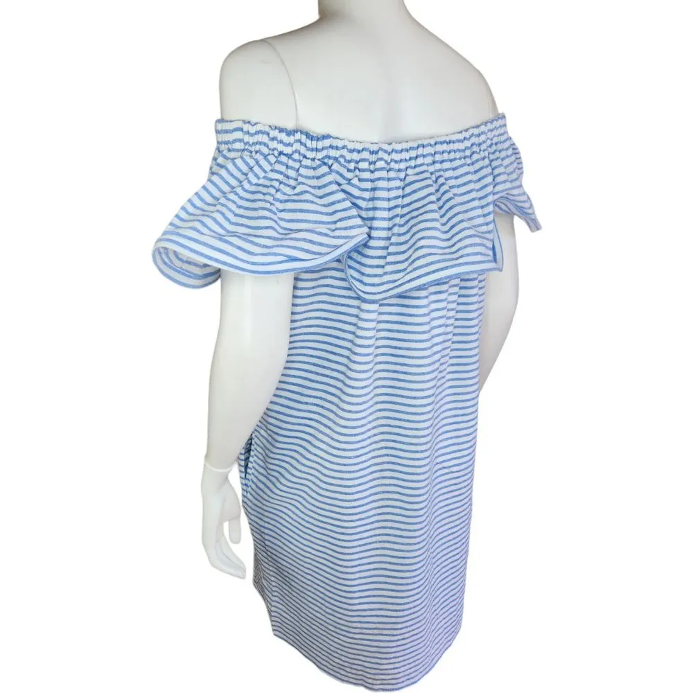 Revolve Line & Dot Dress Womens Large Lea Blue White Stripe Off Shoulder Ruffle - Image 57