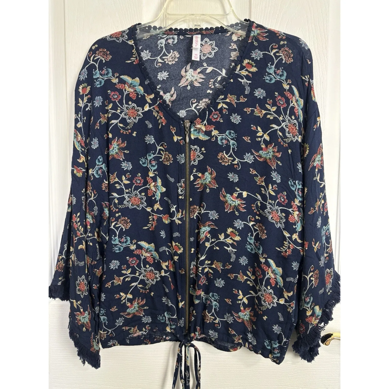 Sheer Floral Fringe Full Zip Top Size XS Tassels Boho Western Cowgirl Hippie - Image 3